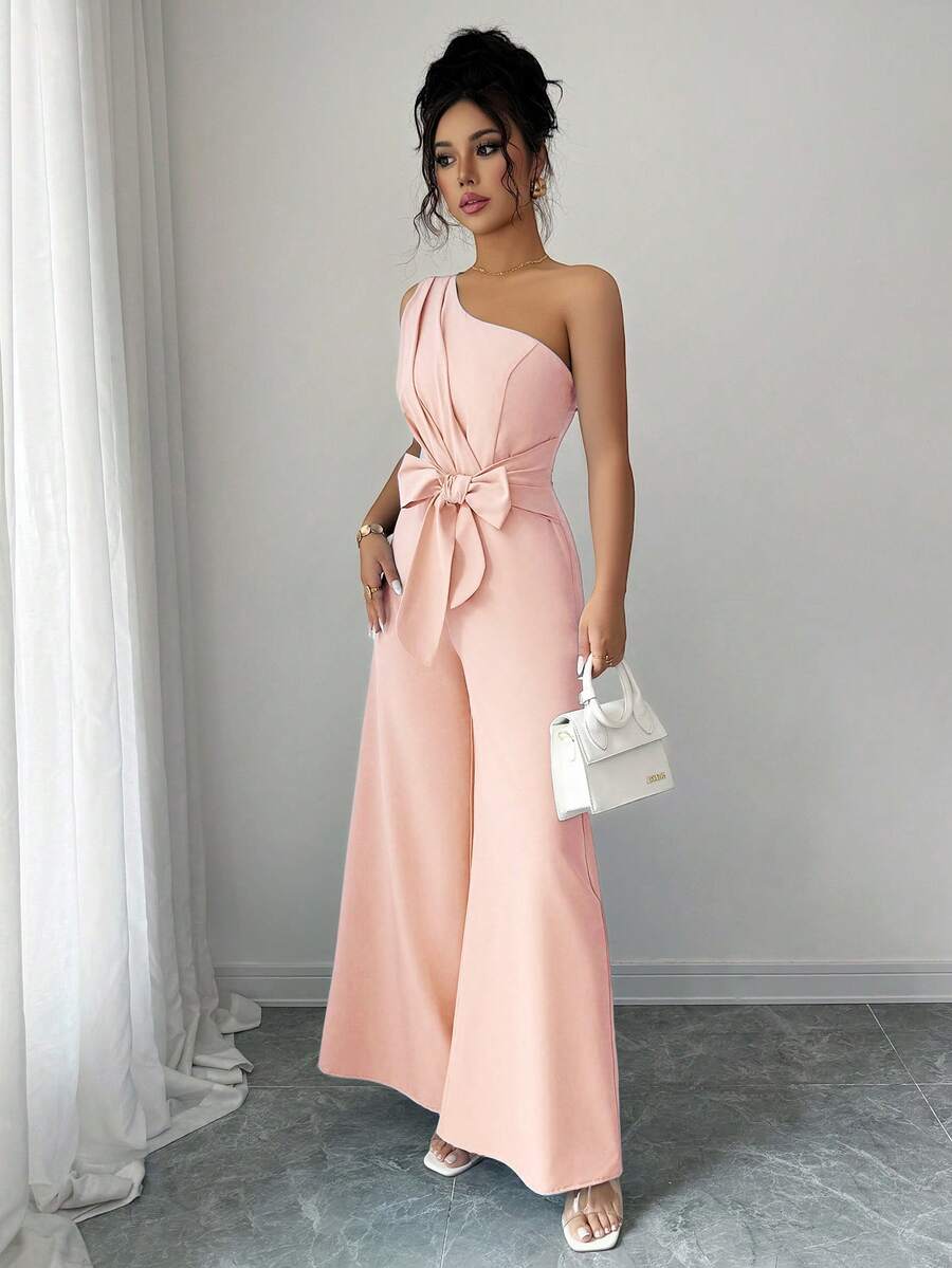 Elenzga Bộ jumpsuit ống rộng màu trơn thanh lịch, thắt eo, phù hợp cho người đi làm. - Hồng - Xem 1