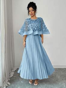 Elenzga Women's Autumn Wedding/Birthday Party Applique Mesh Ruffle Hem Cape Dress - Baby Blue - View 5