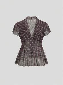 Sweetra Áo thun ngắn tay cổ chữ V buộc dây phối lưới chấm bi, chất liệu xuyên thấu, kiểu dáng casual ngọt ngào, dáng chữ A, thích hợp cho mùa xuân/hè. - Cà phê nâu - Xem 2