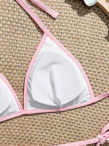 Swim Mod 女士夏季沙滩纯色挂脖系带休闲比基尼和三角泳裤套装 - 粉色 - 查看 11