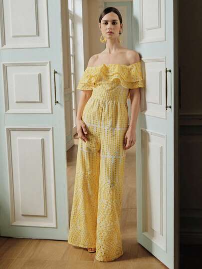Anewsta Conjunto de moda elegante para mujer de primavera/verano, mono ancho con volantes y hombros descubiertos, de color amarillo pálido, adecuado para uso casual, ir al trabajo, citas, vacaciones