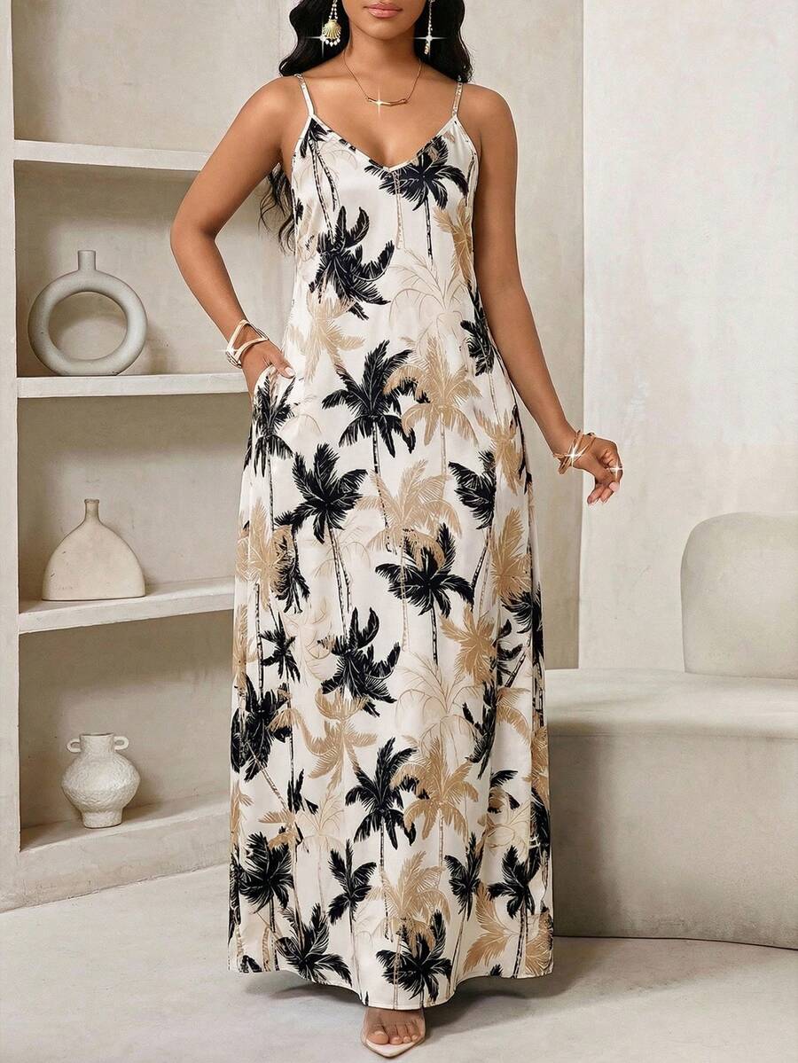 SHEIN Lady 女士吊带V领无袖口袋印花连衣裙 - 彩色 - 查看 1