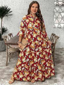 SHEIN LUNE Đầm maxi 4 lớp kiểu búp bê họa tiết hoa phong cách Boho cỡ lớn, thích hợp mặc đi học, dự tiệc tốt nghiệp, dự đám cưới, đi nghỉ mát, đi biển, dự lễ hội, đầm sinh nhật cho nữ. - Đỏ - Xem 1