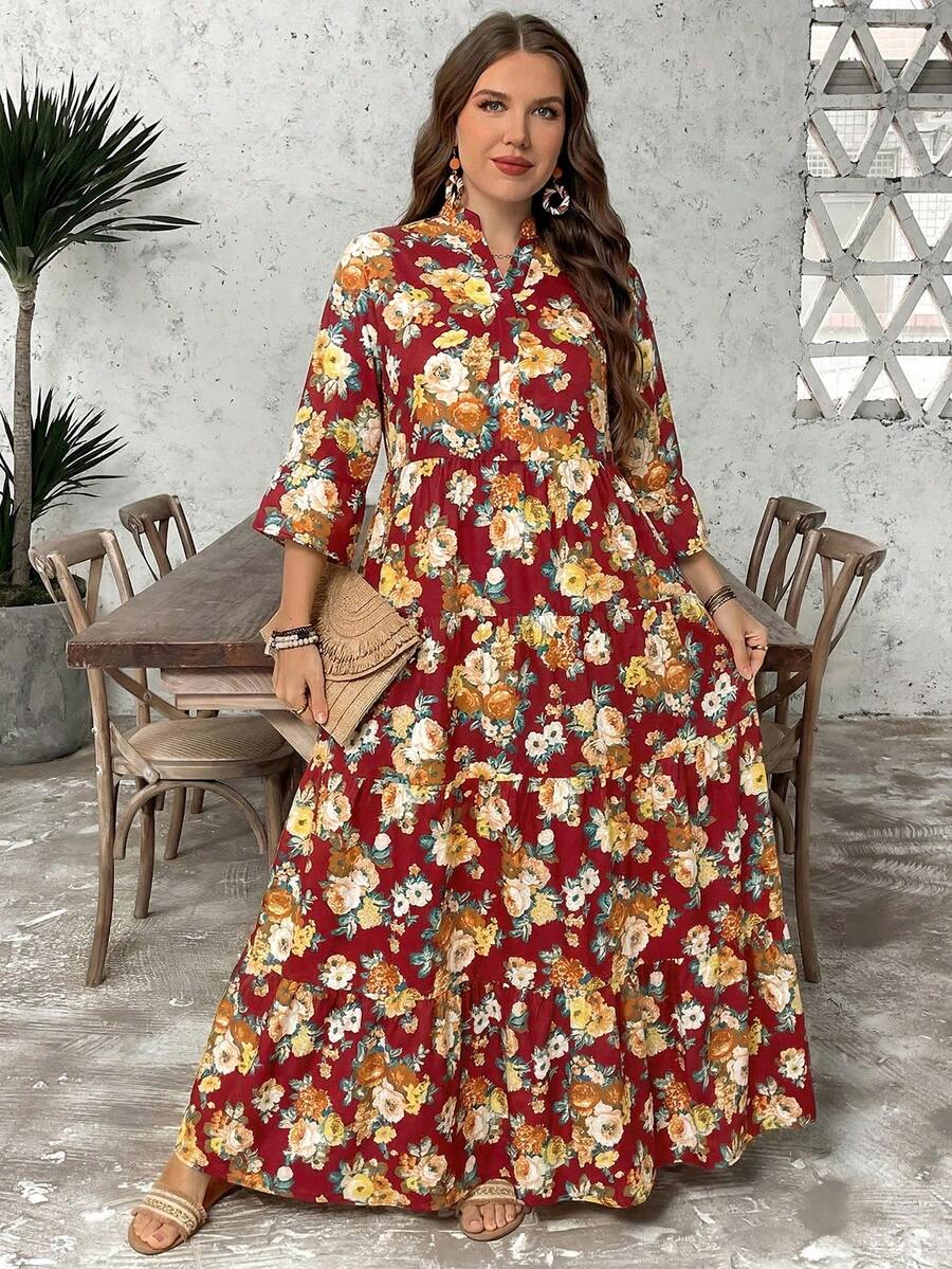 SHEIN LUNE Đầm maxi 4 lớp kiểu búp bê họa tiết hoa phong cách Boho cỡ lớn, thích hợp mặc đi học, dự tiệc tốt nghiệp, dự đám cưới, đi nghỉ mát, đi biển, dự lễ hội, đầm sinh nhật cho nữ. - Đỏ - Xem 1
