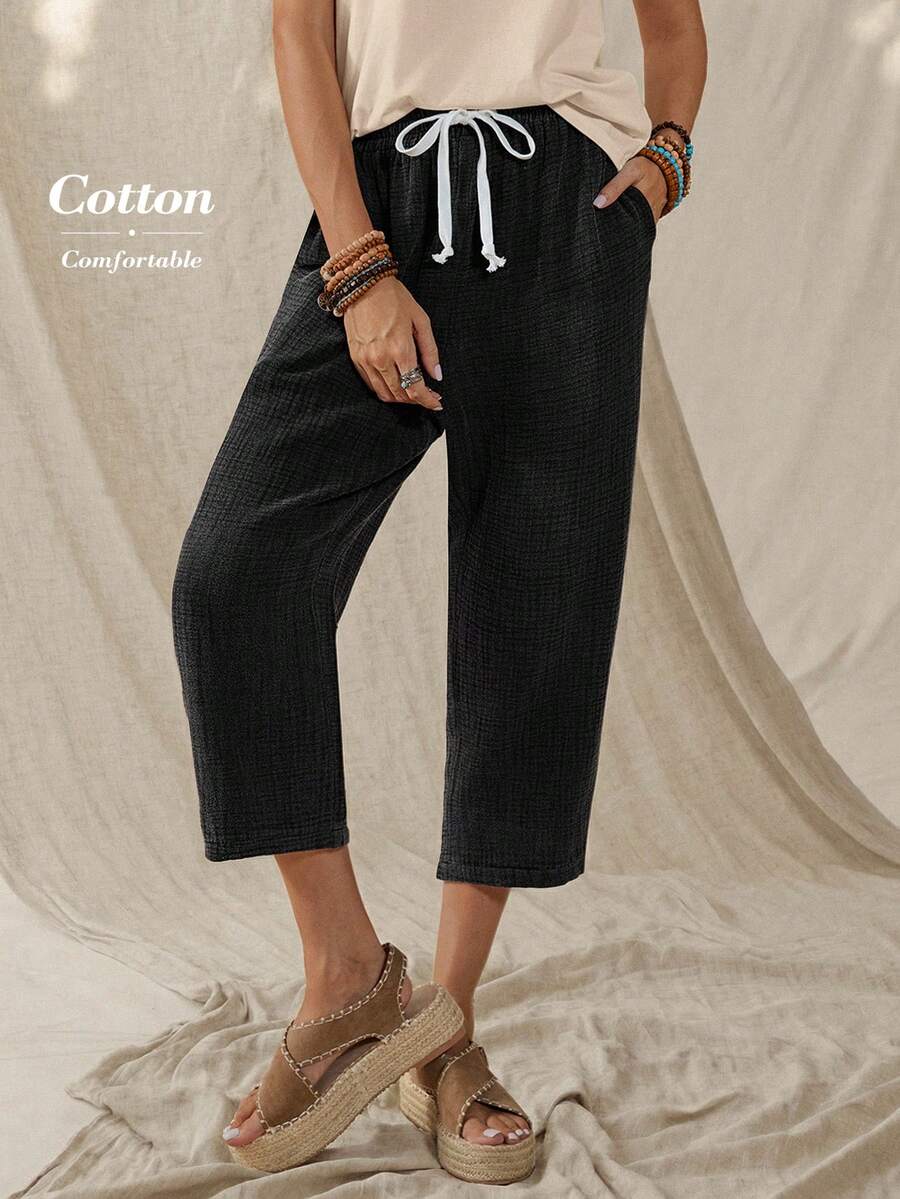 Wildy 波西米亚风音乐节休闲美式西部复古做旧印花女式春夏基础款长裤，带口袋，七分裤长，纯棉材质，适合夏季穿着，休闲舒适，棉麻混纺面料。 - 黑色 - 查看 1