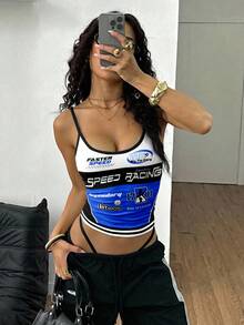 Coolane Áo hai dây ôm sát gợi cảm dành cho nữ, kiểu dáng thể thao năng động lấy cảm hứng từ đường đua, màu đen và xanh dương phối chữ và số, phù hợp cho mùa xuân và mùa hè. - Nhiều màu - Xem 3