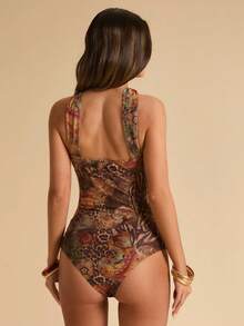 SHEIN BAE 女士豹纹扎染印花透视连体衣，性感连衣裙 - 彩色 - 查看 2
