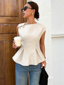 Siren Gaze 女士无袖衬衫，腰部饰有金属扣，春夏新品 - 杏色 - 查看 4