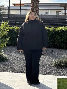 Enliva Plus Size Casual Solid Color Drawstring Hem Jacket, Autumn/Winter Quilted Jacket Black Jacket Fall, For Apple & Rounded Body Shape - Black - View 6