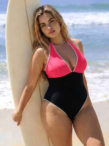 Swim SPRTY Traje de baño de una pieza con volantes en el bajo y corte cruzado en el cuello para mujer talla grande, nueva colección Primavera/Verano 2026 - Multicolor - Ver 6