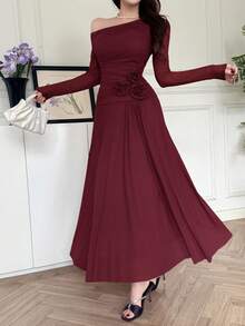 Feyla Women's Solid Color Asymmetric Shoulder Long Sleeve Floral Decor Elegant Dress - Burgundy - View 8