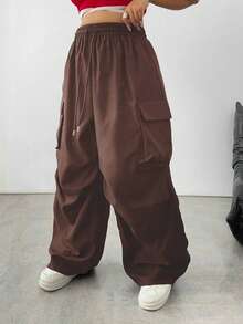 SHEIN Tall CURVE Plus Size Women's Solid Color Drawstring Waist Casual Cargo Pants - Chocolate Brown - View 3