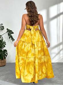 Firerie 大码扎染印花露背吊带连衣裙，休闲假日款 - 黃色 - 查看 7