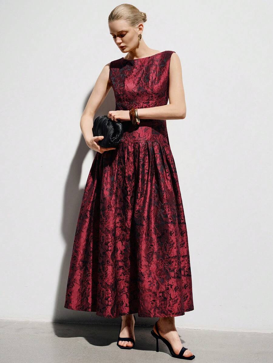 Aveloria Modichic 提花印花连衣裙，复古酒红色礼服，无袖优雅派对礼服，饰有花卉元素，适合宴会、婚礼和正式场合。 - 彩色 - 查看 1