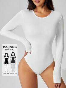 SHEIN PETITE Solid Long Sleeve Slim Fit White T-Shirt Bodysuit - White - View 8