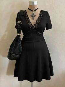 Sunspun Đầm cỡ lớn dành cho nữ, cổ chữ V, chất liệu vải voan mỏng, phối ren và họa tiết. - màu đen - Xem 1