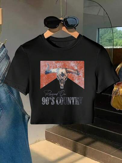 EMERY ROSE Camiseta ajustada de mujer de cuello redondo con estilo retro de los 90, de corte corto, con diseño de concierto country, estilo vaquero y de Nashville