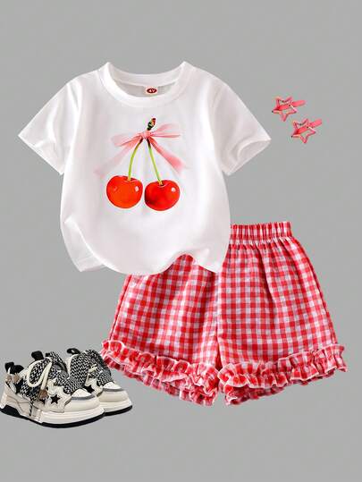 SHEIN Genkimix Kids 2pcs/Set Young Girls Brand T-Shirt Set, Korean Style Loose Cute Crop Top Two Pieces Suit, Summer