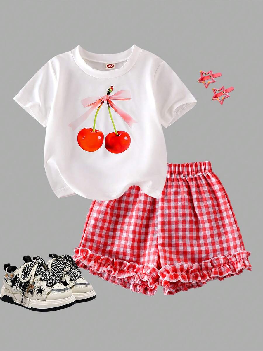 SHEIN Genkimix Kids 2件套少女品牌T恤套装，韩版宽松可爱露脐两件套，夏季 - 白色 - 查看 1