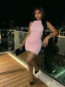 Slaydiva New Early Spring, Spring And Summer Music Festival, Valentine's Day, Easter, Bohemian Style, Nomadic Style, Casual, Simple And Basic, Cruise Party, Birthday Party, Daily Date, Casual Vacation, Elegant Commuting, Small Round Neck, Large Backless, Lace-Up Design, Slanted Hem, Pink Dress, Bubble Check Fabric, Ladies' Mini Dress -A - Baby Pink - View 13