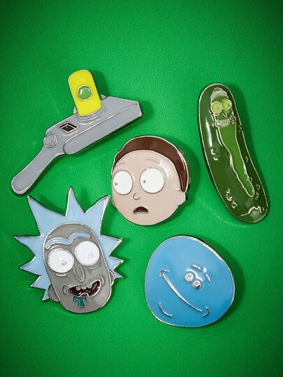 Rick and Morty X SHEIN 5件套时尚可爱卡通锌合金胸针别针套装，包包挂饰，适合作为礼物、收藏品、纪念品