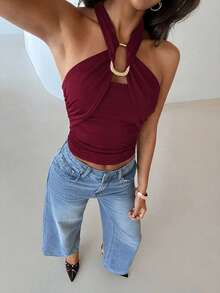 Aloruh Women's Elegant Metal Buckle Decor Cinched Waist Ruched Tie-Neck Camisole - Burgundy - View 7