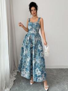 Modelyn Vestido de tirantes elegante con estampado de pintura al óleo retro francés para mujer - Azul - Ver 4