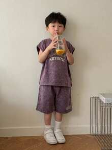 Dazy Kids 2pcs/Set Boys' Letter Print Round Neck Tank Top And Shorts Casual Outfit - Purple - View 2