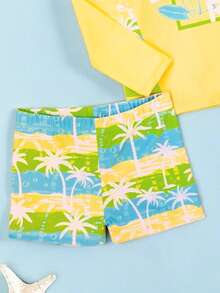 Infant Boy Pale Yellow 2-Piece Swimwear Set,Tropical Palm Tree & Letter Print Long Sleeve Rash Guard & Shorts,Summer Casual Vacation Holiday Outfit - Yellow - View 4