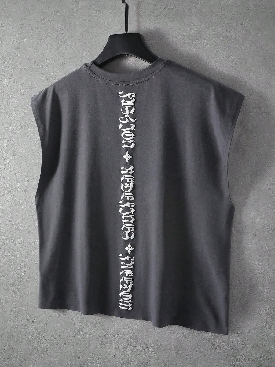 PAVTROS Men's Letter Print Round Neck Casual Loose Tank Top - Grey - View 1