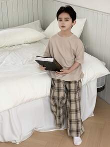 Dazy Kids Tween Boy Solid Color Short Sleeve Top And Plaid Pants Pajama Set Summer - Apricot - View 4
