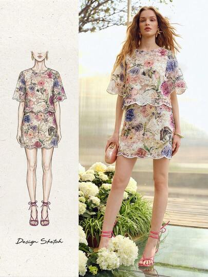 MOTF PREMIUM 2PCS WOMEN'S EMBROIDERED SHORT SLEEVE TOP AND SKIRT SET, SPRING/SUMMER