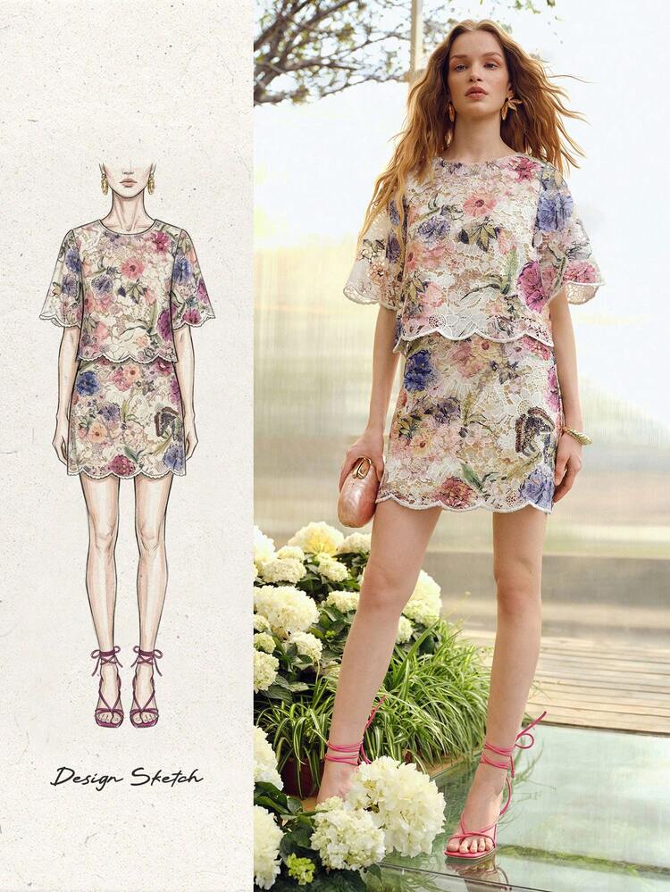 2PCS WOMEN'S EMBROIDERED SHORT SLEEVE TOP AND SKIRT SET, SPRING/SUMMER