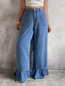 Sunnyshic Plus Size Solid Color New Ruffled Hem Loose Pocket Jeans - Blue - View 7