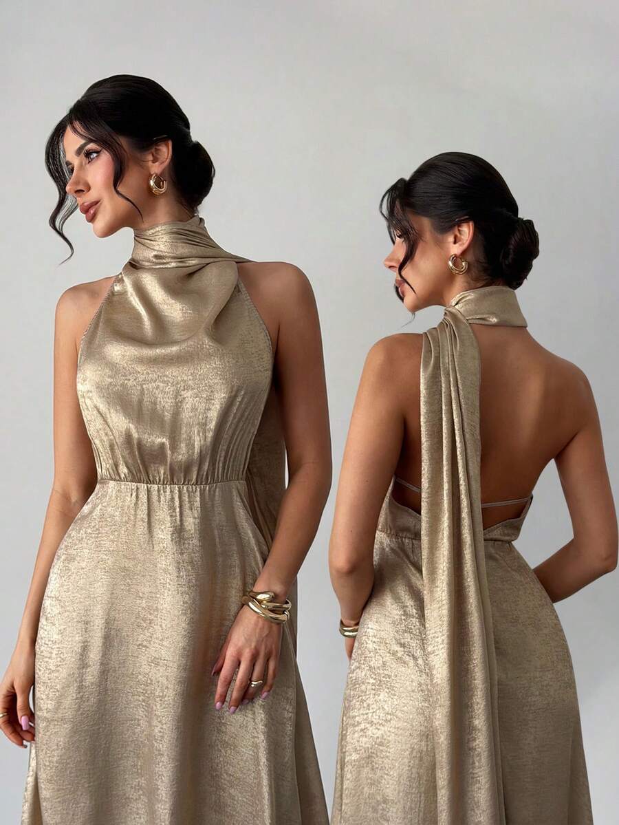 Firerie Women's Elegant Metal Texture Solid Color Halter Neck Dress - Gold - View 1