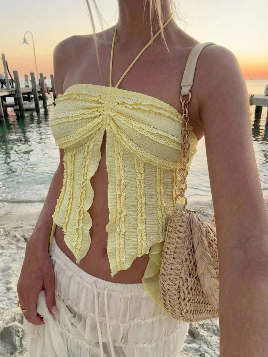 Aloruh Blusa de cuello halter amarillo sólido con ribete de encaje para mujer, adecuada para salidas, vacaciones, playa - Amarillo - Ver 1