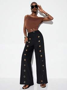 GENKIRA 黑色高腰宽松阔腿及地长裤，前部金属孔眼设计，朋克休闲百搭款 - 黑色 - 查看 7