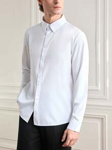 Officeau Kemeja Pria Putih Polos dengan Desain Kancing, Kemeja Formal Bisnis Lengan Panjang - Putih - View 5
