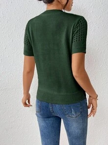 EMERY ROSE Women's Round-Neck Solid Color Short-Sleeved Knitted Top For Summer For New Year Clothes - Dark Green - View 2