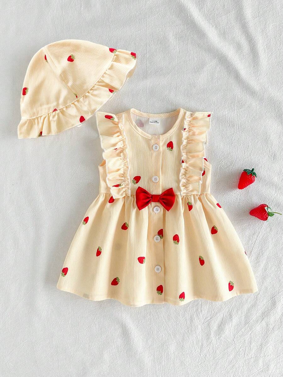 SHEIN Vintaside Kids 夏季新生女宝宝杏色圆领荷叶边卡通樱桃印花无袖红色蝴蝶结连衣裙，搭配红色帽子，优雅可爱