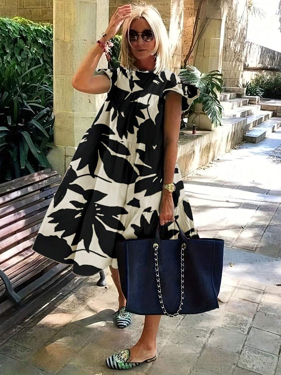 EMERY ROSE Women's Round Neck All-Over Print Pleated Casual Party & Travel Mid-Length Dress - Multicolor - View 1