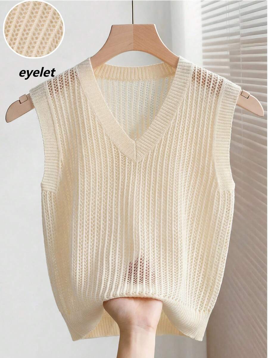 Franclia Atasan Rajut Tanpa Lengan Minimalis Warna Polos untuk Wanita, Cocok untuk Pakaian Sehari-hari - Aprikot - View 1