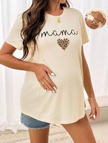 SHEIN Áo thun ngắn tay in họa tiết da báo, hình trái tim và chữ cái, kiểu dáng thường ngày dành cho bà bầu, thích hợp mặc mùa hè. - Màu be - Xem 7