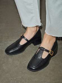 复古玛丽珍女鞋，2025年秋季新款法式优雅粗跟高跟鞋，低帮皮革，优雅 - 黑色 - 查看 3