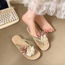 Sandalias de mujer, con un diseño moderno y adorable decorado con flores en dos tonos; chanclas con tiras entre los dedos, de suela plana y resistentes, ideales para la playa; sandalias de playa para mujer, chanclas para mujer - Verde - Ver 1