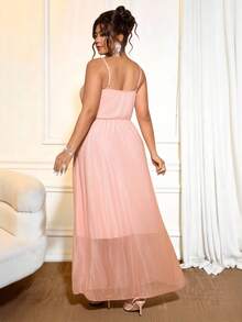 Cravure Plus Size Sequin Patchwork Sheer Chiffon Cinched Waist A-Line Dress, Elegant For Outings, Dates, Parties And Events - Pink - View 2