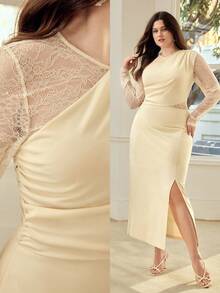 MOTF PREMIUM PLUS SIZE WOMEN'S LACE PATCHWORK MID-LENGTH DRESS, SPRING/SUMMER - Apricot - View 1