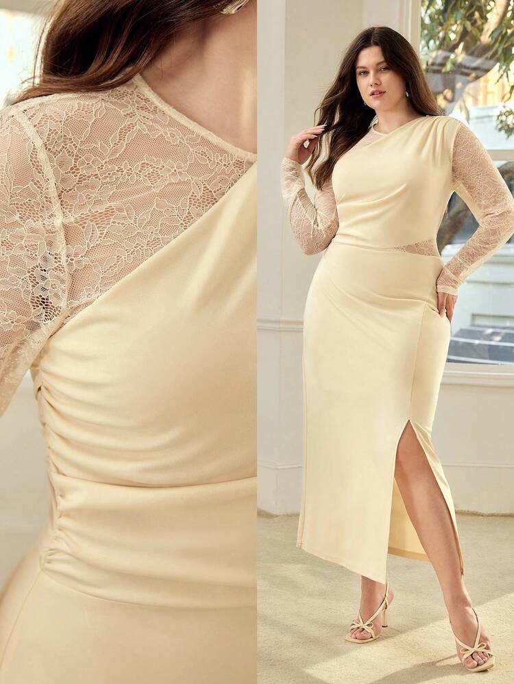 PLUS SIZE WOMEN'S LACE PATCHWORK MID-LENGTH DRESS, SPRING/SUMMER
