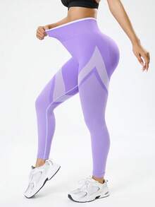 Sovereign Charm 女士条纹高腰休闲健身紧身裤 - 淡紫色 - 查看 5