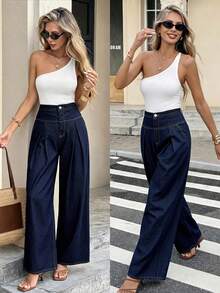 Serisse Women's High Waist Pleated Wide Leg Loose Casual Jeans Summer Carnival Costume Commuting Vacation Graduation Chic Y2k Cute Streetwear Coquette Party Wedding Elegant Business Casual Woman Business Beach Graduation Easter High Waist Wide Leg Jeans Dark Wash Casual Jeans Spring Commuter Jeans Classic Dark Blue High Ankle Pleated Wide Leg Jeans For Women Commuter Casual Style - Blue - View 1